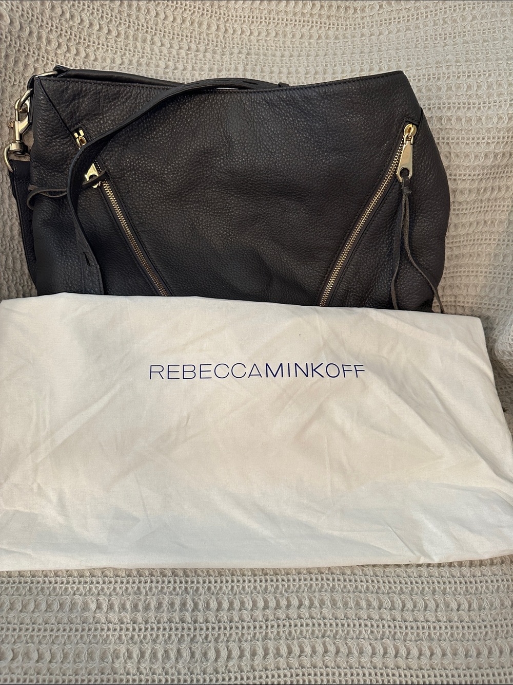 Rebecca Minkoff Moto Hobo Leather Shoulder Bag Dark Gray Gold Hardware - Picture 16 of 16